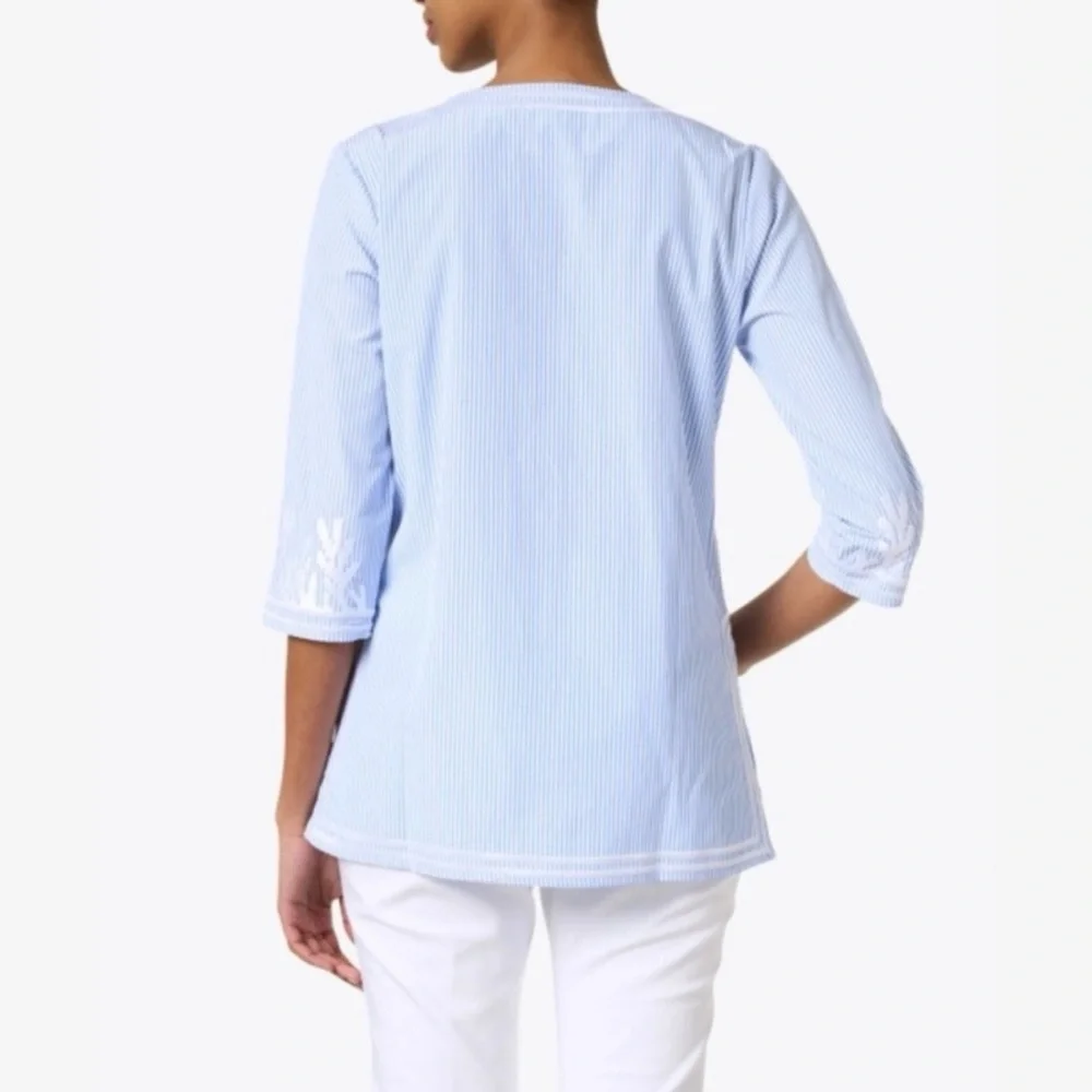 Gretchen Scott Embroidered Pinstripe Tunic The Reef Blue and White Size Large - Picture 3 of 10